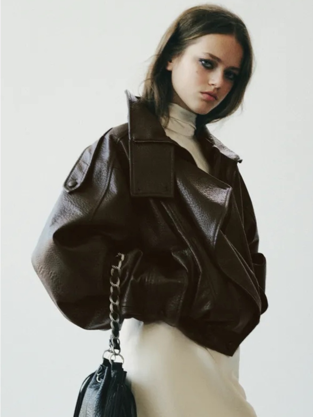 Zara Women’s Brown Leather Bomber Jacket /FAUX LEATHER BIKER JACKET